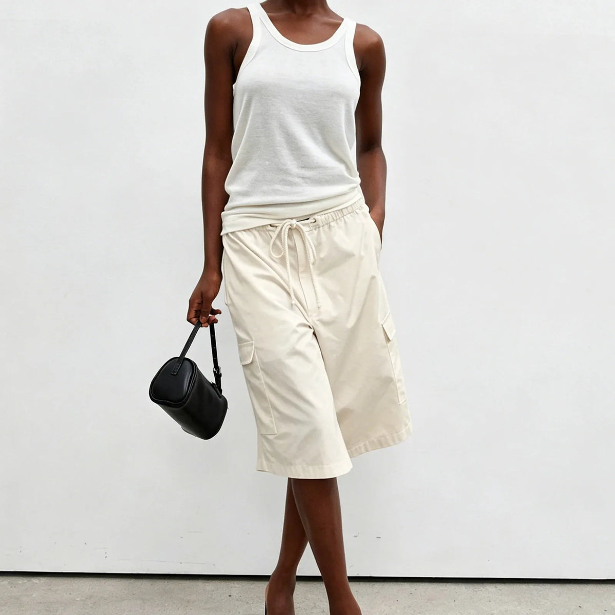 Elastic Drawstring Cargo Bermuda Shorts Women Multi Pocket Loose Wide Leg Knee Length Baggy Capri Culottes Y2KStreetwear