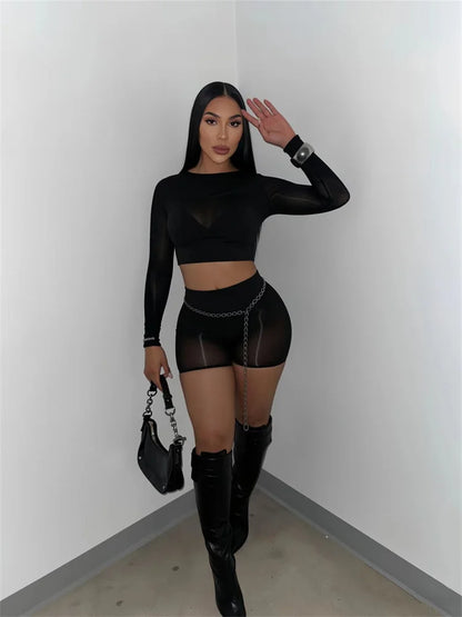 Sexy  See Through 2-Piece Set Women Full Sleeve o-Neck Crop Tops+Simple Elastic Waist Short Slim Midnight Hottie Suit