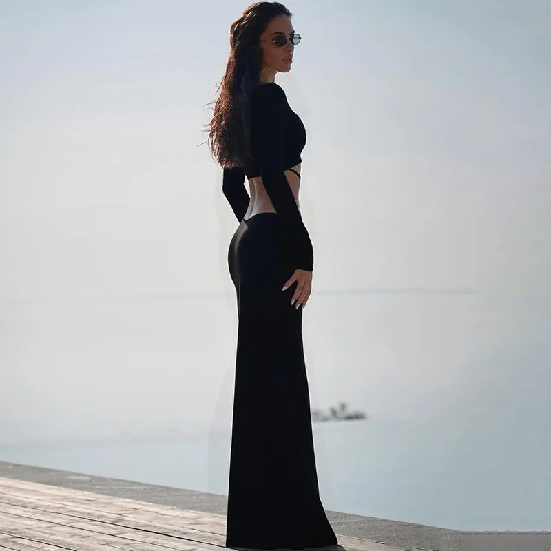 Hollow Long Sleeve Fishtail Maxi Dresses Woman Elegant Clothes White Black Evening Party Dress