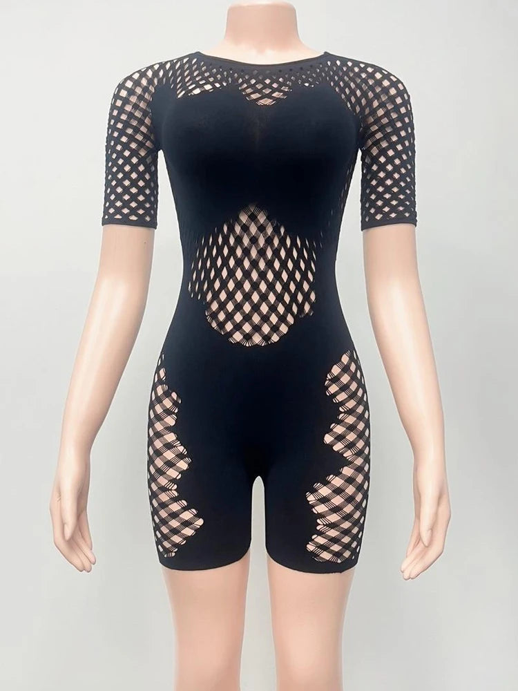 Hollow Patchwork Playsuit Women Sexy Exposed Coquette Summer Trend Skinny Hottie Midnight Club Party Stretch Romper