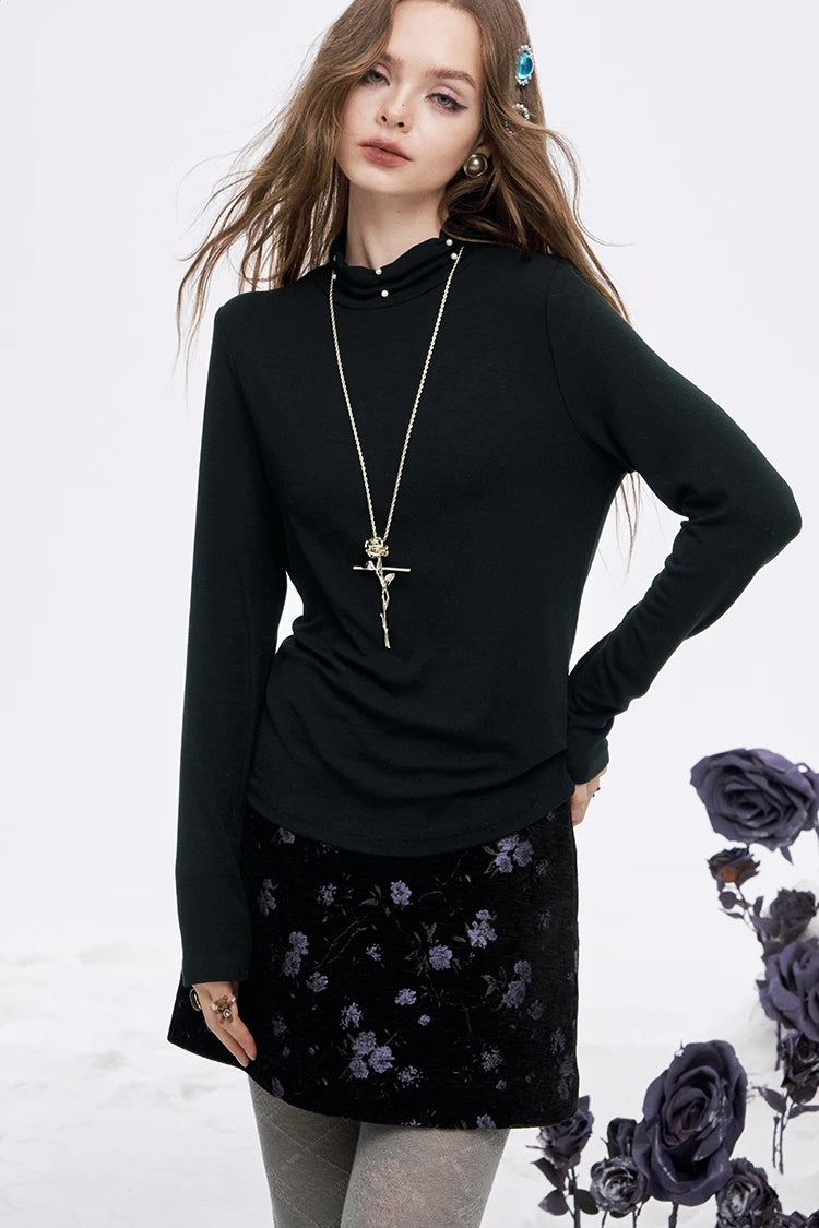2025 Winter New Arrivals Y2K Solid High Neck Pearl Fit Long Sleeve Tshirt For Women
