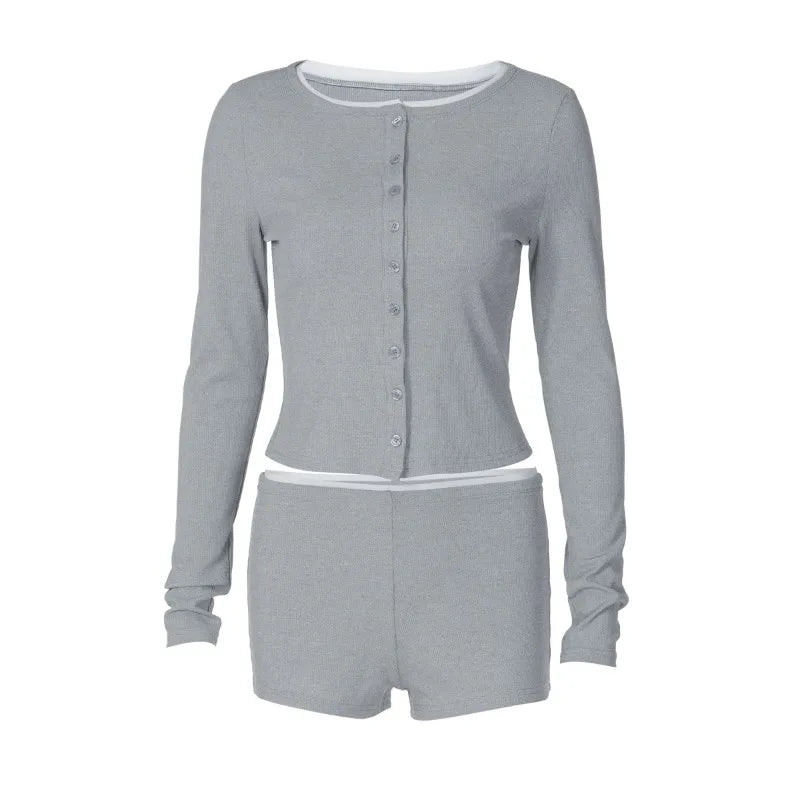 Casual Ribbed Knitted 2 Piece Set Long Sleeve Cardigan Top Shorts Brunch Outfits 2026 New in Matching Sets