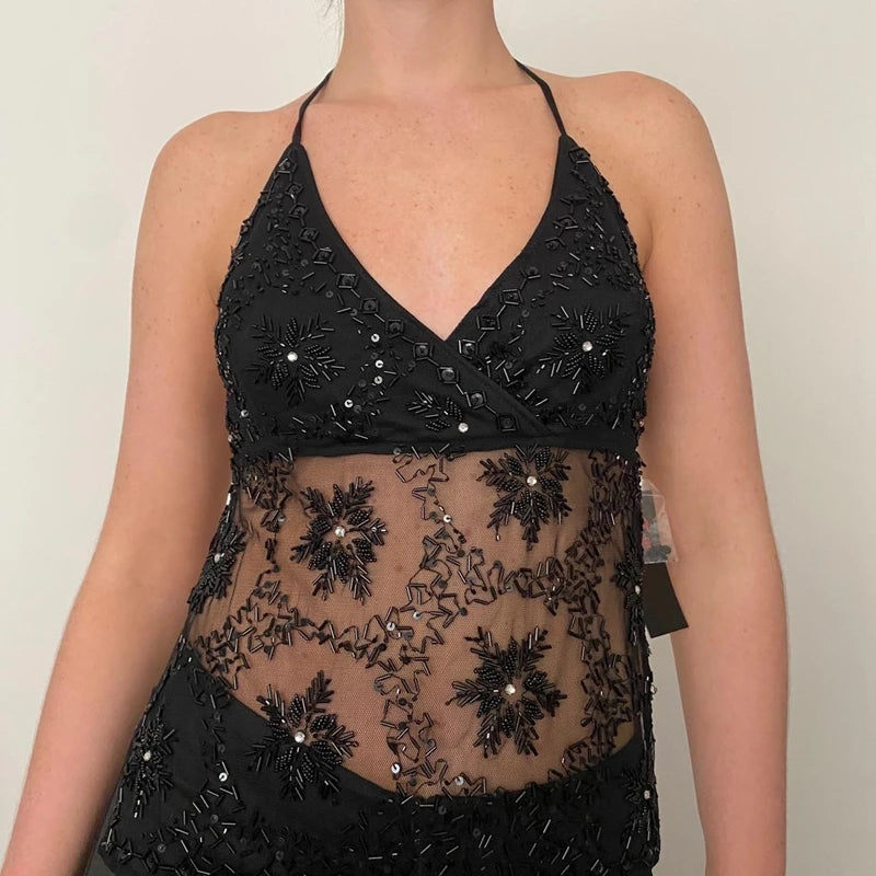 Women's Sequin Halter Tank Tops Sleeveless V-Neck Backless Slim Fit Sheer Mesh Vest Y2k Sparkle Club Party Rave Outfit