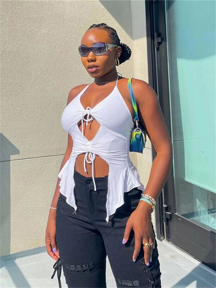 Y2k Hollow Tank Tops Women Sexy Shirring Irregular Camisole Solid Summer Backless Streetwear Fashion Skinny Outfit