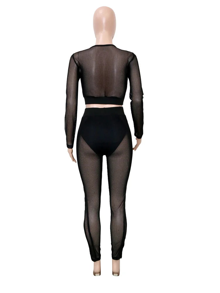 Patchwork Mesh 2-Piece Set Women See Through Zip o-Neck Long Sleeve Crop Tops+Pants Sexy Stretch Matching Autumn Suits