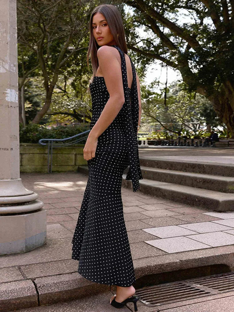 Polka Dot Strapless Sexy Maxi Dress Women Gown Elegant Scarf Collar Off-shoulder Backless Sleeveless Club Party Dress