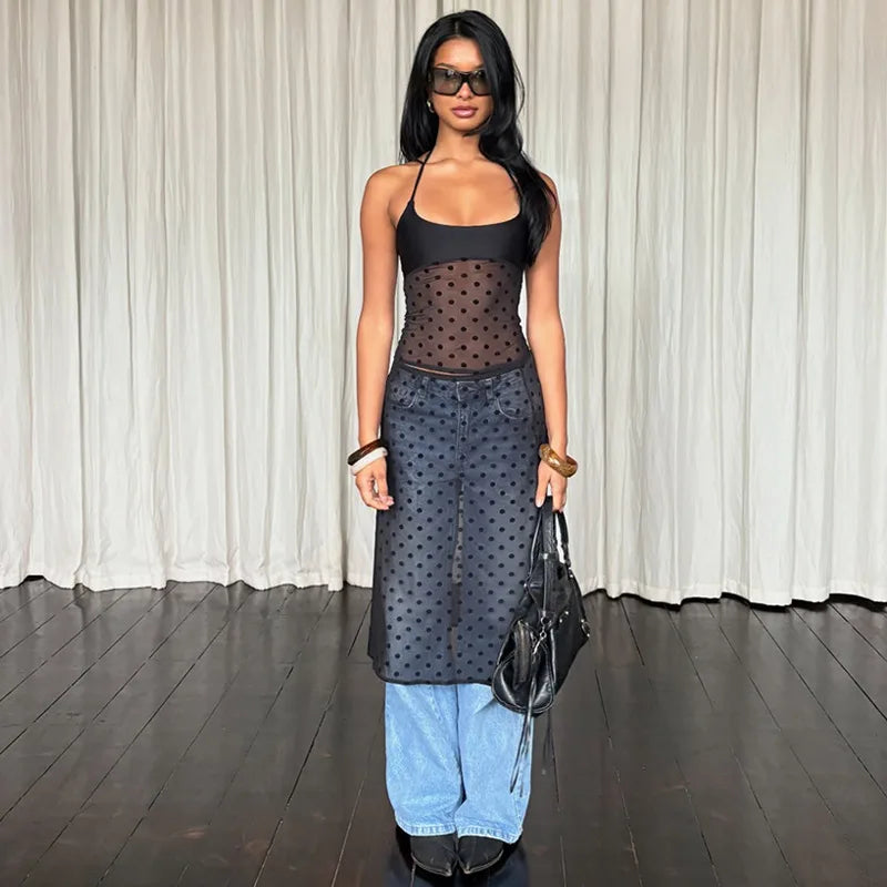 Women's Matching Sets Sexy See Through Mesh Polka Dot Black Outfits 2 Piece Skirt Set Summer 2026