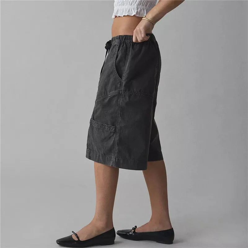 Cargo Bermuda Shorts Women Drawstring Elastic Waist Multi Pocket Loose Wide Leg Jort Y2K Street Casual Capri Bottoms