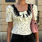 Daily Tank Top Women Sweet Lace Patchwork Trend Bow Applique Polka Dot Print Short Sleeve Patchwork Chic Party Club Tess