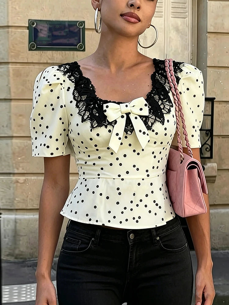 Daily Tank Top Women Sweet Lace Patchwork Trend Bow Applique Polka Dot Print Short Sleeve Patchwork Chic Party Club Tess