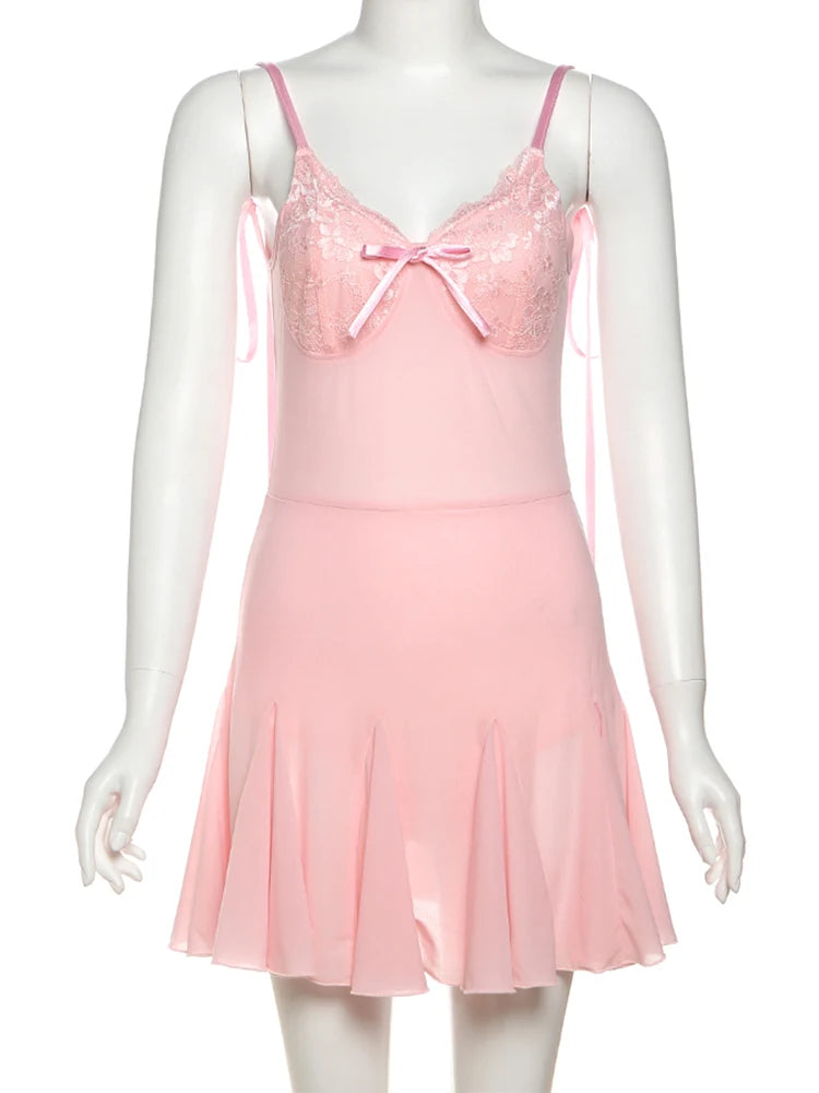 Lace Patchwork Dress Women Backless Bow Lace-Up Sleeveless Thinny Pleated Solid Midnight Clubwear Party Mini Bodycon