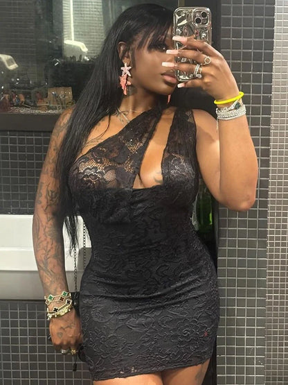 Irregular Hollow Mini Dress Women Mesh Patchwork Skew Collar Sleeveless Midnight Club Party Sexy Coquettish Outfits