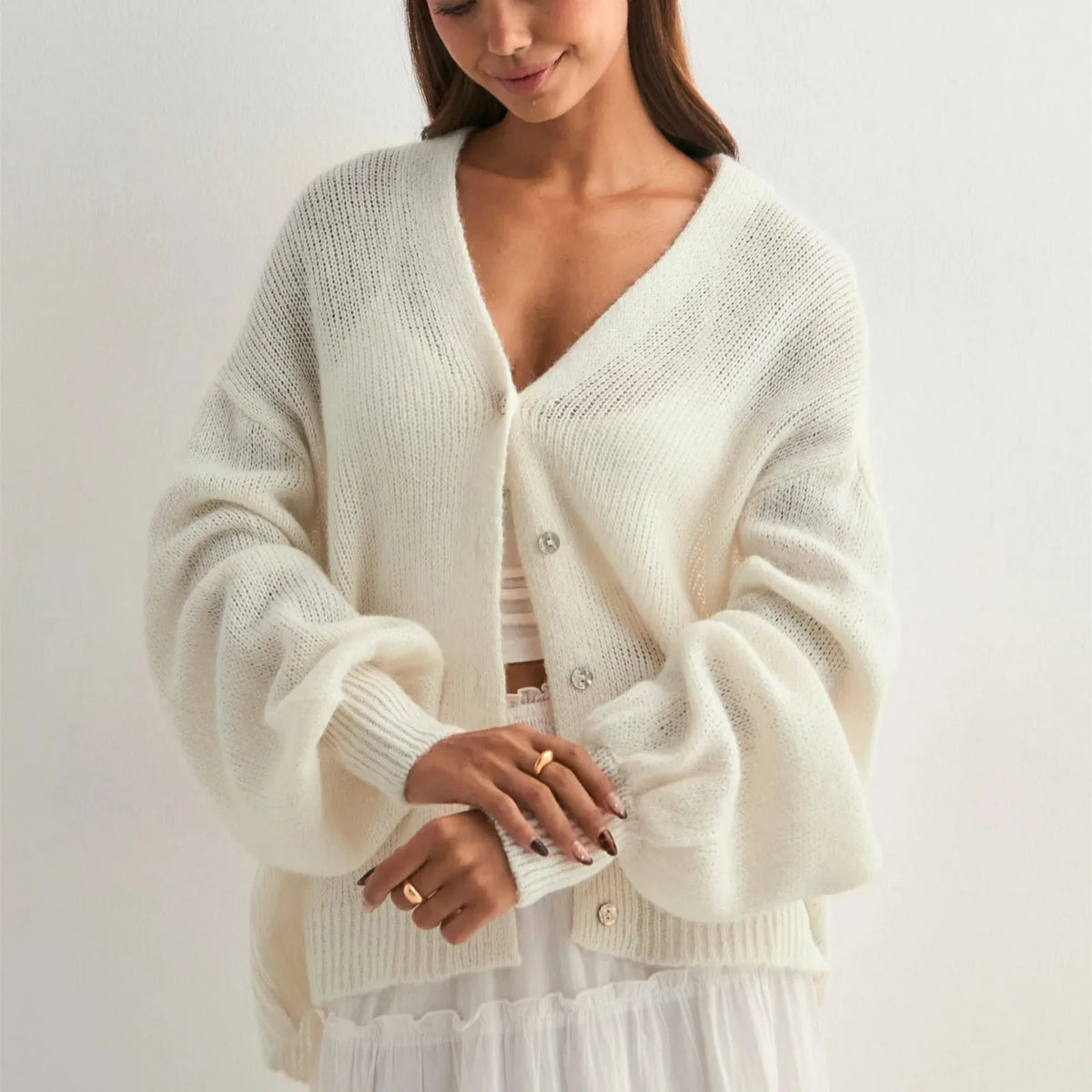 Women's Solid Color Knit Cardigan Autumn V-Neck Fuzzy Long Sleeve Button Front Closure Sweaters Winter Casual Knitwear