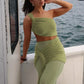 Sexy Vacation 2 Piece Sets Green See Through Mesh Patchwork One Shoulder Top and Long Skirt Set Women Outfit
