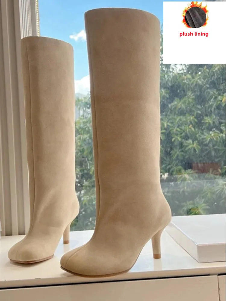 Autumn and Winter New 6cm Slim High Heels Knee High Women's Boots Round Toe Fashionable Women's Long Boots Knight Boots