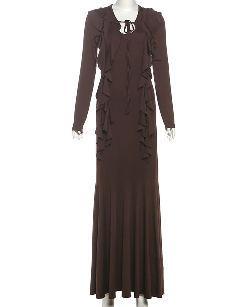 Sexy Ruffled Fringe Dress Women Lace-Up Ruched Patchwork U-Neck Full Sleeve Elegant Stretch Skinny Evening Bodycon