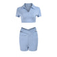 Casual Sporty 2 Piece Set Women Simple Trend V-Neck Solid Crop Tops+Skinny Cross Double Waist Mini Shorts Street Suit