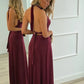 Sexy Deep V Neck Backless Long Dress for Woman Elegant Brunch Outfits Burgundy Party Dresses Fall 2025