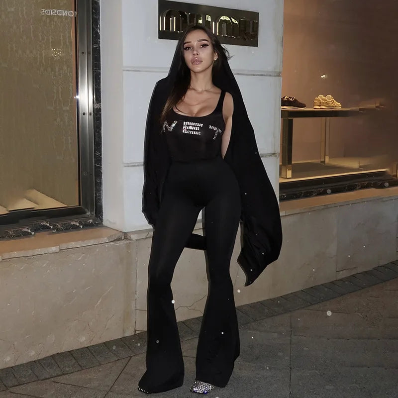 Rhinestone Wet Sleeveless Flare Jumpsuits Black One Piece Clothes Sexy Jumpsuit for Womens 2024 Club Outfits