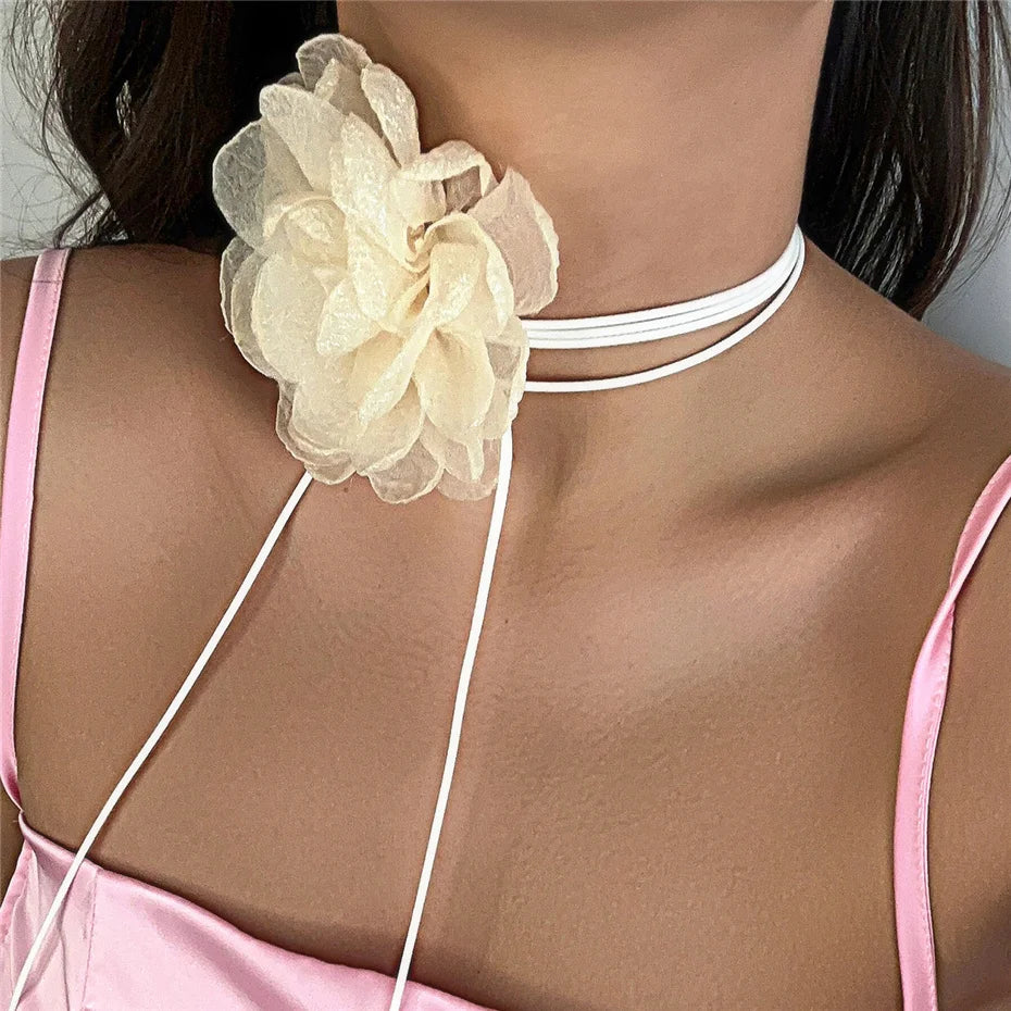 Exaggerated Big Rose Flower Choker Necklace for Women Wed Bridal Goth Kpop Adjustable Bowknot Chain Y2K Accessories New