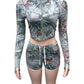 Fashion 2Piece Set Woman Leaf Print Autumn Trend Zip Cardigan Navel Exposed Coat+Drawstring Shorts High Street Style Suit