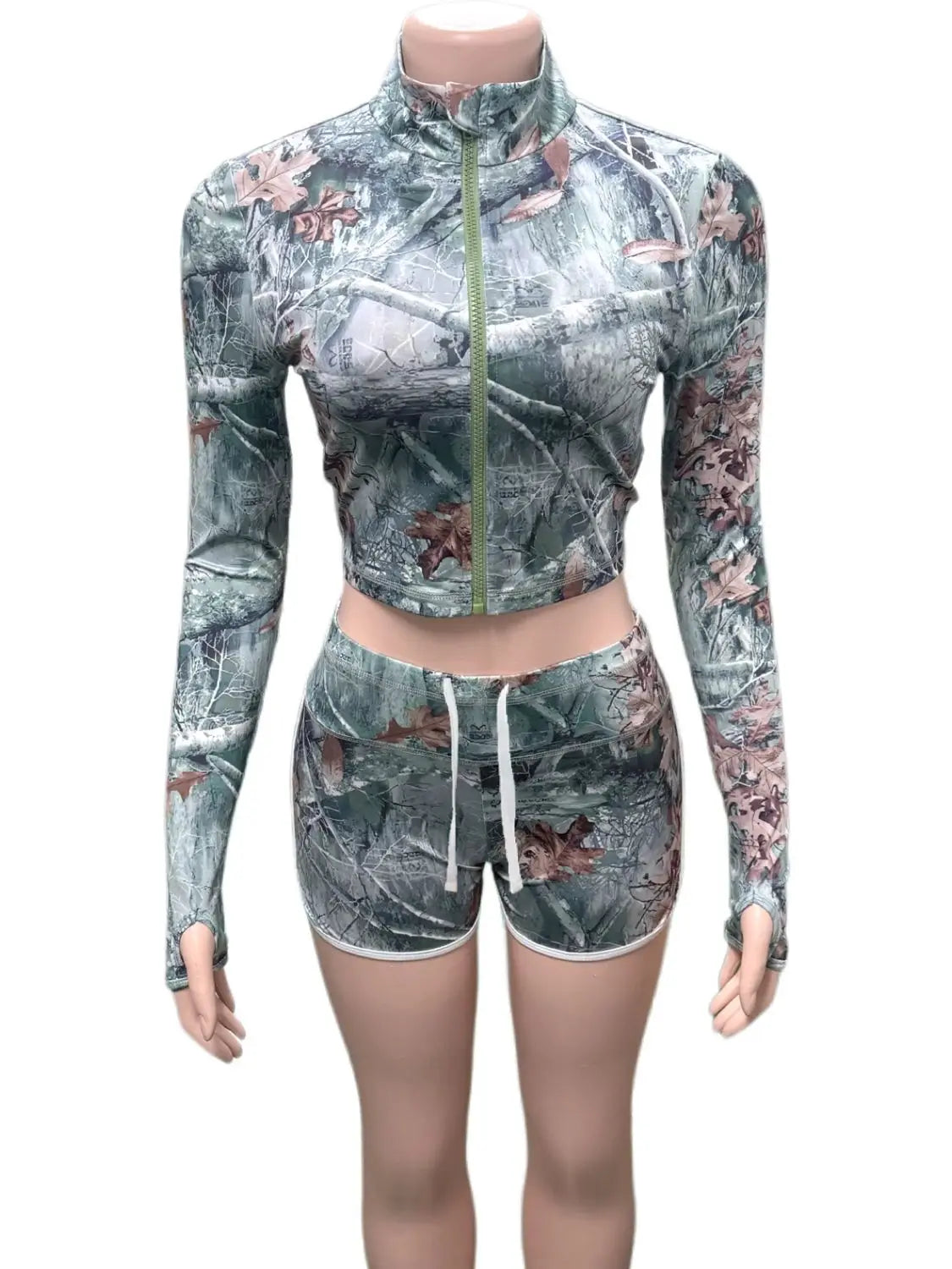 Fashion 2Piece Set Woman Leaf Print Autumn Trend Zip Cardigan Navel Exposed Coat+Drawstring Shorts High Street Style Suit