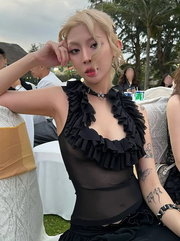 Tierred Low-Neck Tank Tops Women Y2K See Through Sleeveless Summer Trend Mesh Wild Basic Midnight Slim Clubwear Vest