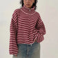 Women Striped Knitted Cardigan High Neck Double Zipper Long Sleeve Loose Cropped Sweater Coat Y2K Fall Winter Streetwear