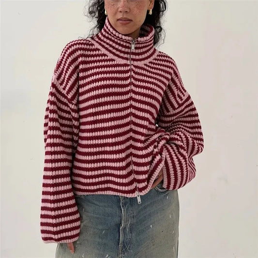 Women Striped Knitted Cardigan High Neck Double Zipper Long Sleeve Loose Cropped Sweater Coat Y2K Fall Winter Streetwear