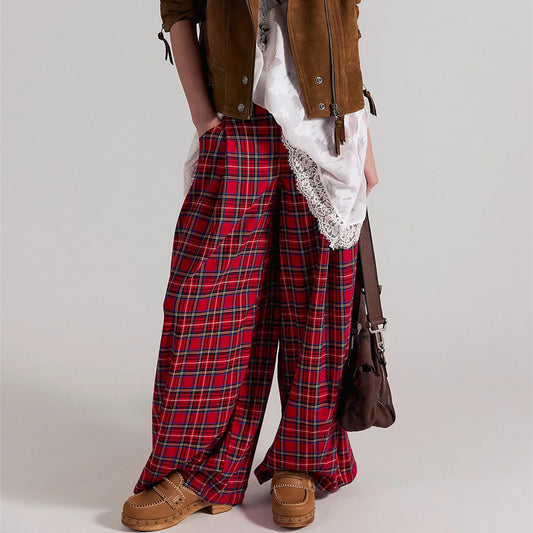 Women Y2k Gingham Wide Leg Mid Rise Holiday High Street Tartan Pants Vintage Plaid Baggy Trousers with Pockets