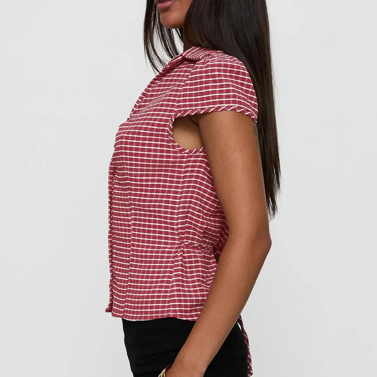 Women's Basic Button Down Shirts Cap Sleeve Lapel Collar Tight Blouse Tie Up Back Slim Fit Tops Summer Office Shir