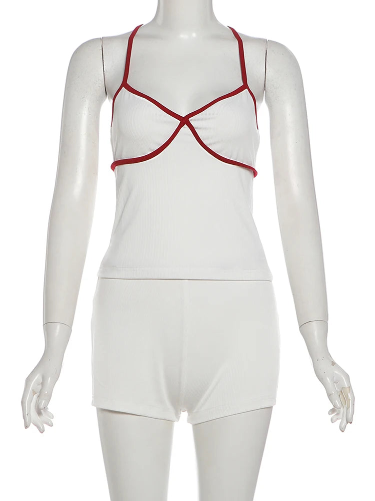 Color Blocking Sweet 2-Piece Set Women Low-Neck Backless Camisole+Elastic Waist Mini Shorts Daily Matching Simple Suits