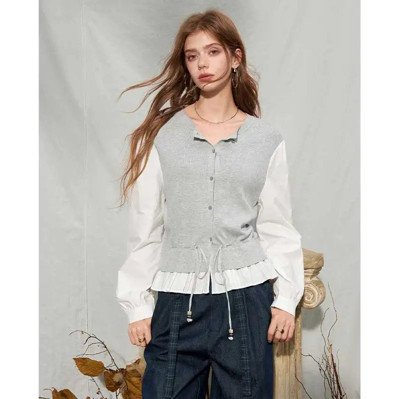 Women's Contrast Patchwork Cardigan with Drawstring Waist, Round Neck Long Sleeve Casual Top for Everyday Wear