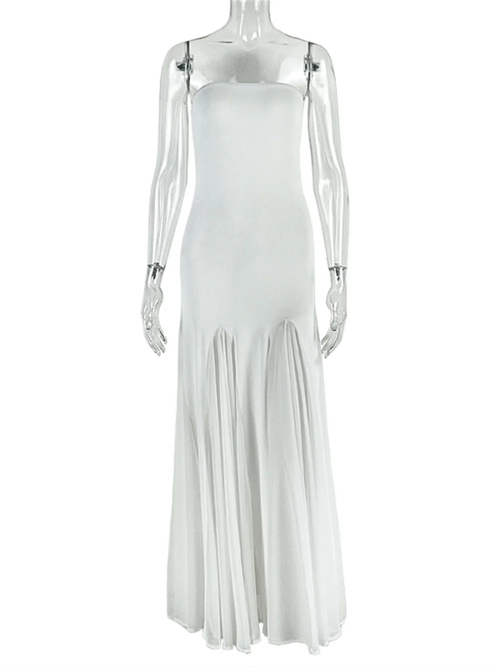 Elegant Strapless Dress Women Solid Y2K Patchwork Mesh Hem Birthday Party Evening Banquet Sexy Vacation Chic Bodycon