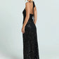 Women Halter Maxi Dress 3D Floral Sequin Mesh Mermaid Bodycon Long Dress Elegant Wedding Guest Bridesmaid Evening Gown