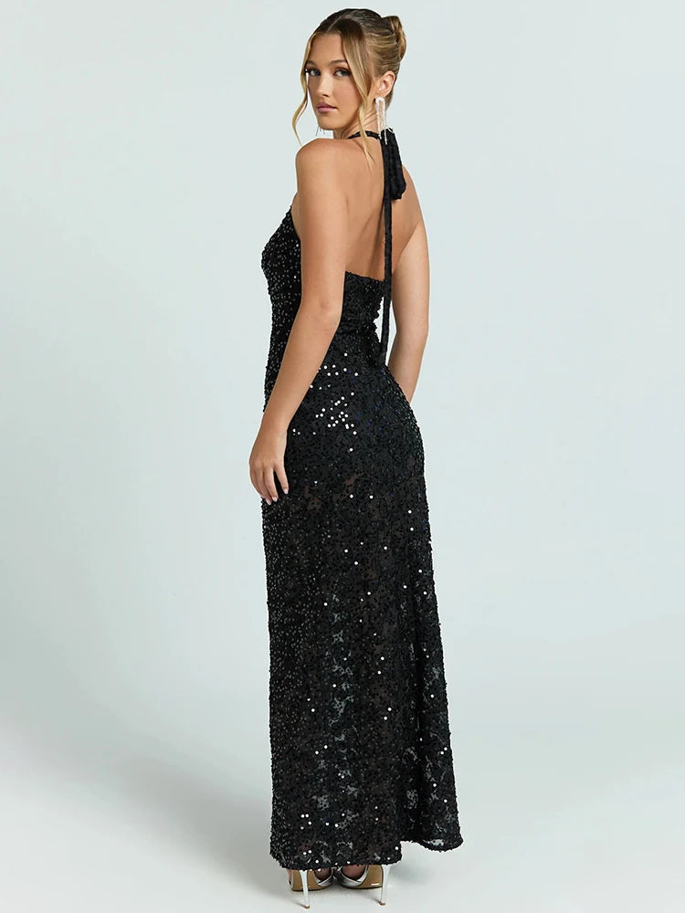 Women Halter Maxi Dress 3D Floral Sequin Mesh Mermaid Bodycon Long Dress Elegant Wedding Guest Bridesmaid Evening Gown