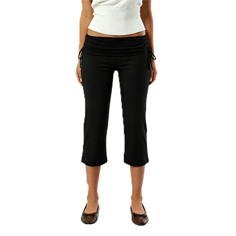 Women Y2K Trendy Low Waist 3/4 Length Capri Trouser Fold Over Waist Tie Side Drawstring Slim Fit Streetwear Lounge Pants