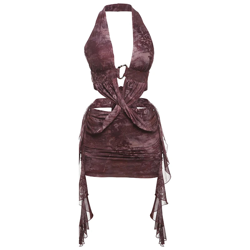 Backless Tassel Dress Women Leopard Print Sexy Cross Metal Rings Halter Pleated Waistless Midnight Club Party Bodycon