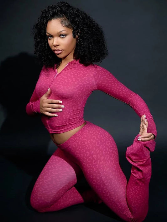 Sporty Leopard Print 2 Piece Set Woman Full Sleeve Zip Cardigan Hooded Crop Tops+Skinny Long Pants Street Fashion Outfits