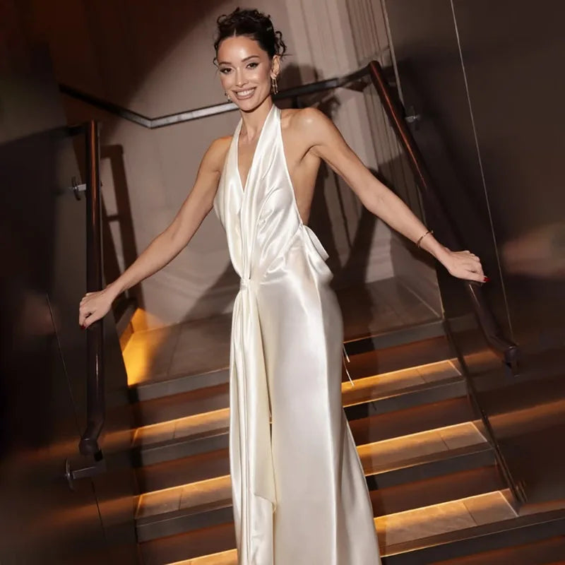 Summer White Dress Evening Party Elegant Satin Deep V Neck Backless Split Long Dresses for Woman Clothing