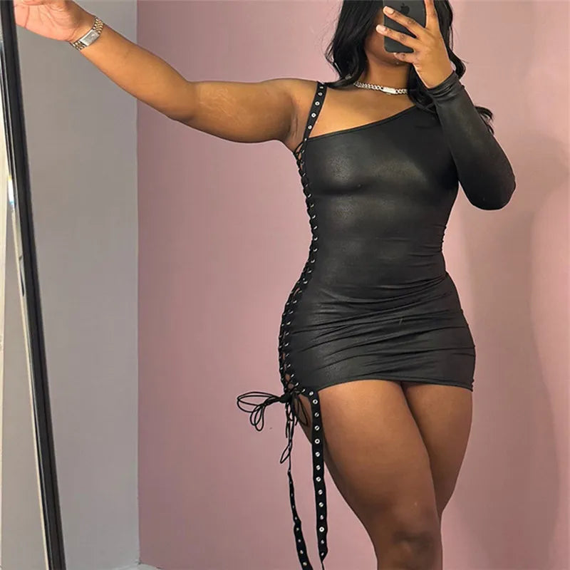 Y2K Gothic One Shoulder Single Sleeve Faux Leather Dress Side Lace Up Cutout Ruched Bodycon Mini Dress Party Clubwear