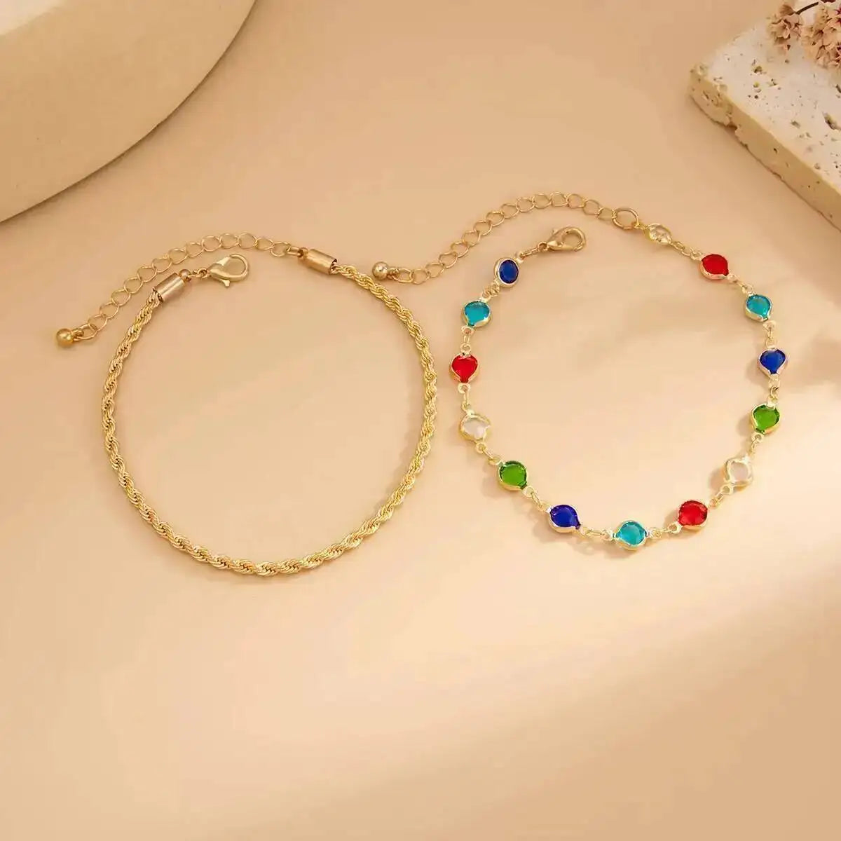 Y2K Boho Colorful Crystal Chain Anklet for Women Summer Beach Trendy Exquisite Barefoot Ankle Bracelet Leg Jewelry Gift