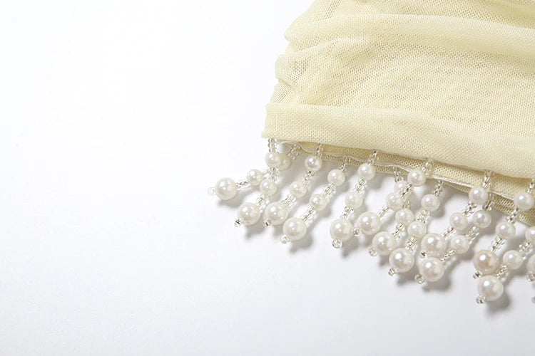 Mesh Patchwork Mini Dress Women Lace-Up Halter Sexy Backless Pearl Tassel Midnight Club Party Ruched Elegant Outfits