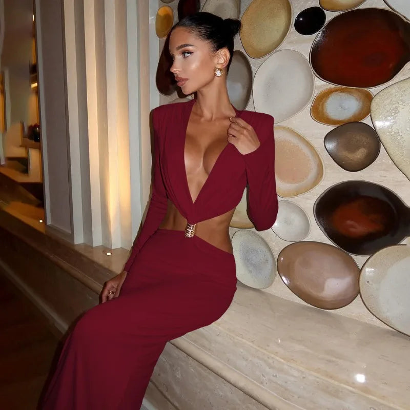 Deep V Neck Cutout Long Sleeve Maxi Dresses for Woman White Sexy Outfits Evening Party Dress for Dinner