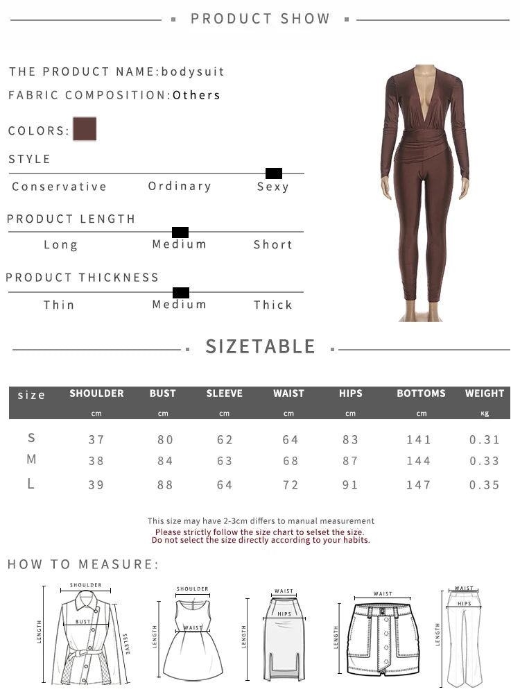 Sexy Jumpsuit Women Deep v-Neck Full Sleeve Skinny Backless Midnight Folds High Elasticity Fashion Classic Streetwear