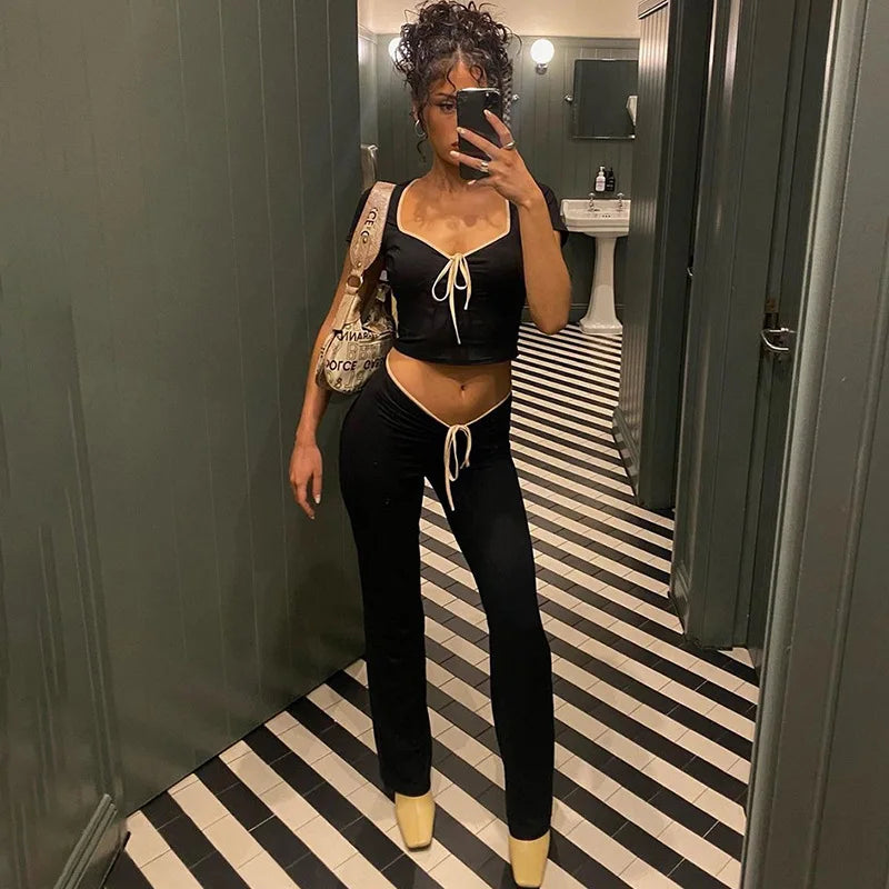 Y2k Cute Black Two Piece Set Women Outfit 2023 Summer Lace Up Low Rise Flare Pants and Crop Top Matching Sets