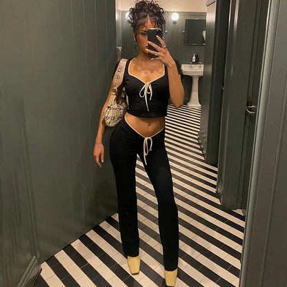 Y2k Cute Black Two Piece Set Women Outfit 2023 Summer Lace Up Low Rise Flare Pants and Crop Top Matching Sets