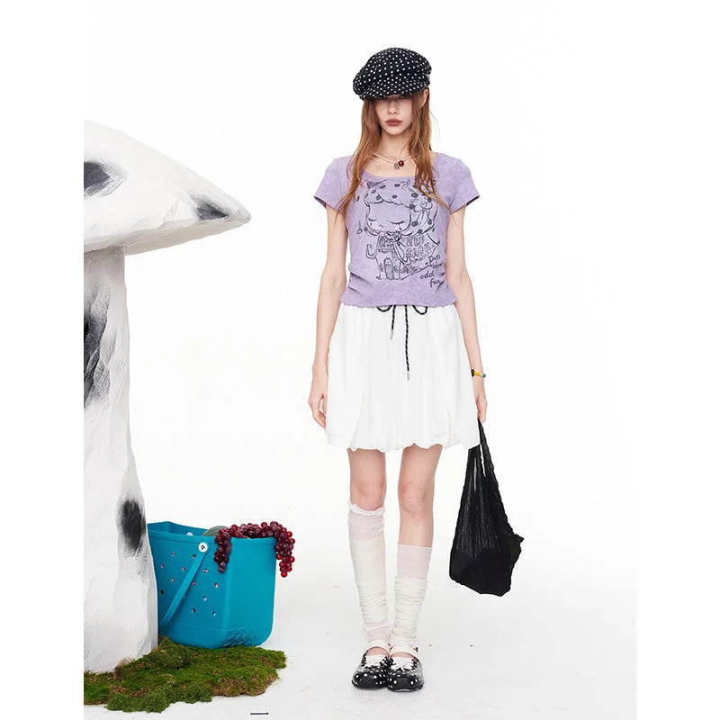 Women's Cartoon Print Purple T-Shirt, Square Neck Ruched Short Sleeve Tee, Ribbed Knit Curved Hem Cute Summer Top