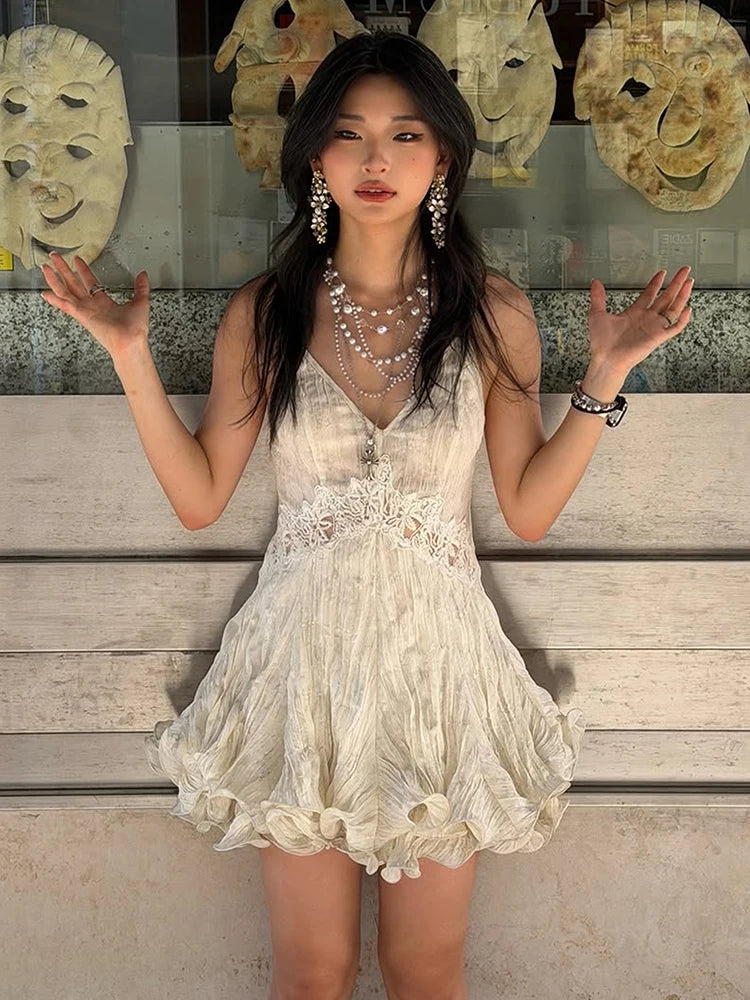Lace Patchwork Sling Dress Woman Low-Neck Cross Bandage Backless Puffy Hem Sweet Girls Birthday Party Elegant Bodycon