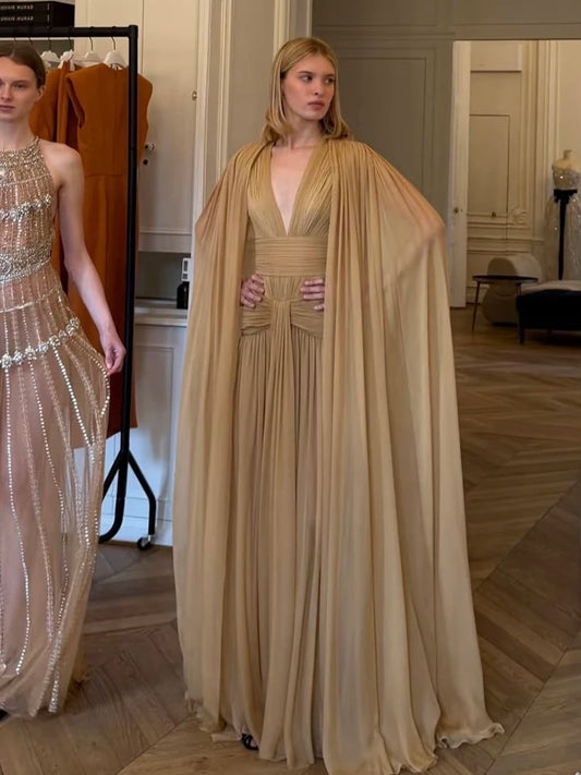 Fashion Elegant Maxi Dress Women Folds Mesh Cloak See Through Hem v-Neck Tassel Wedding Party Summer Trend Chic Vestidos